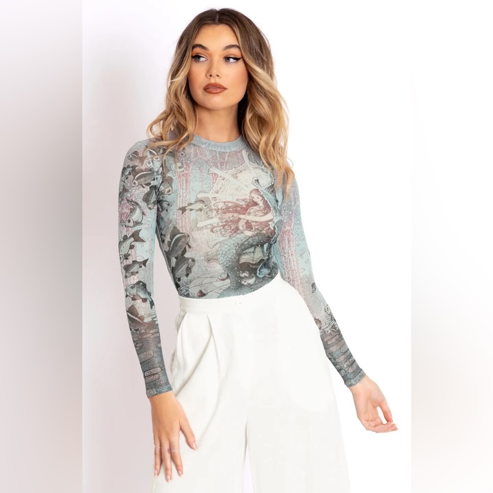 BLACKMILK The Girl-Fish Sheer High Neck Long Sleeve TOP! Mermaid Tattoo Mesh NWT